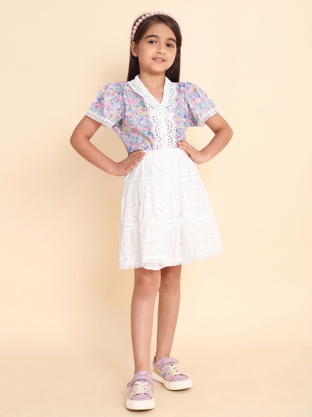 

HERE&NOW Girls Lavender Floral Printed Pure Cotton Top & Tiered Schiffli Skirt