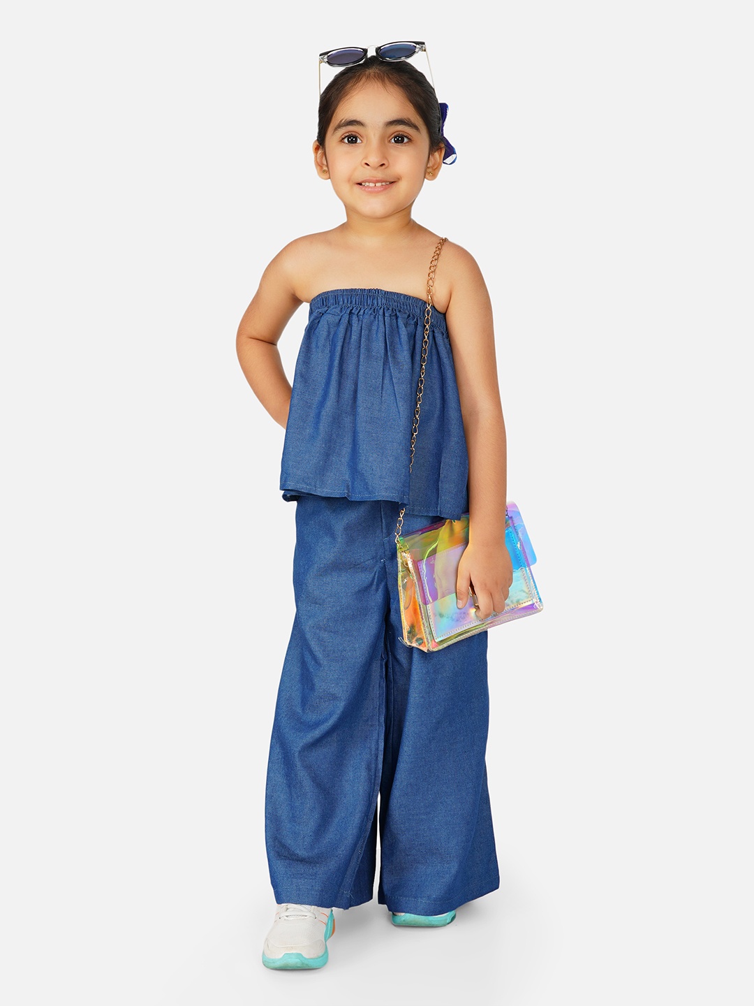 

HERE&NOW Girls Off Shoulder Gathered Pure Cotton Denim Top With Palazzos, Blue