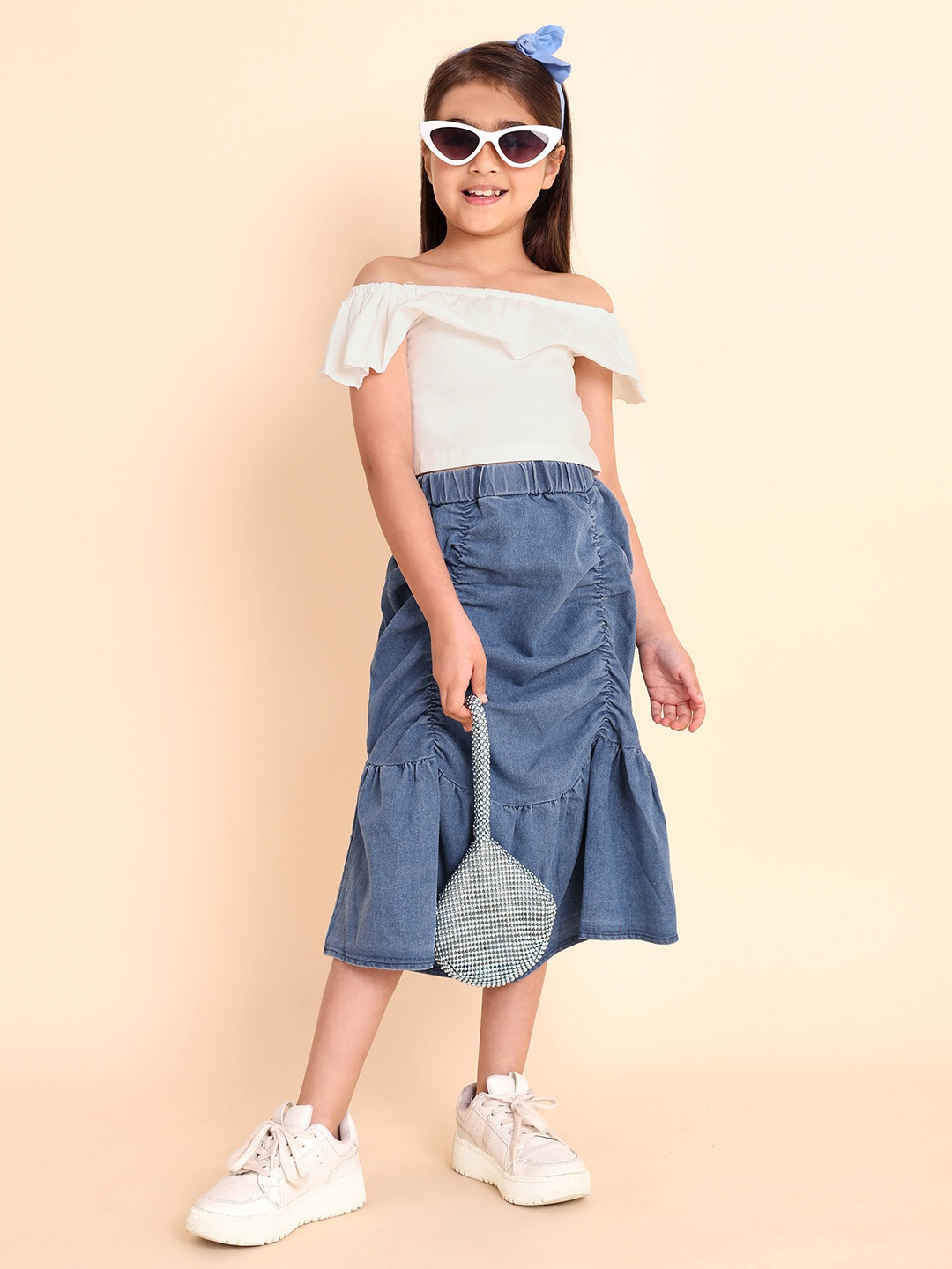 

HERE&NOW Girls Cape Sleeves Crop Pure Cotton Top With Skirt, White