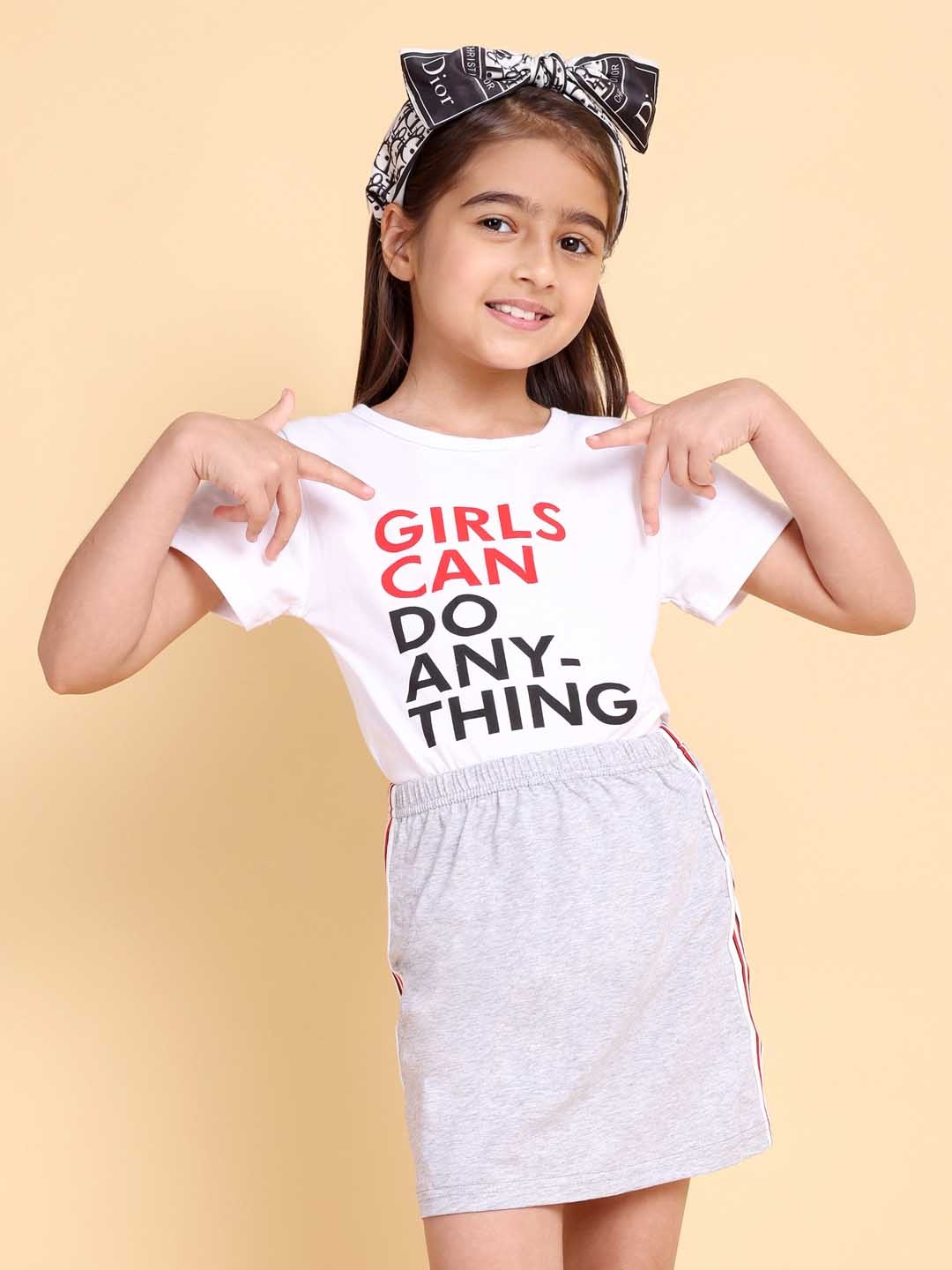 

HERE&NOW Girls Typography Printed Pure Cotton T-Shirt with Straight Skirt, White