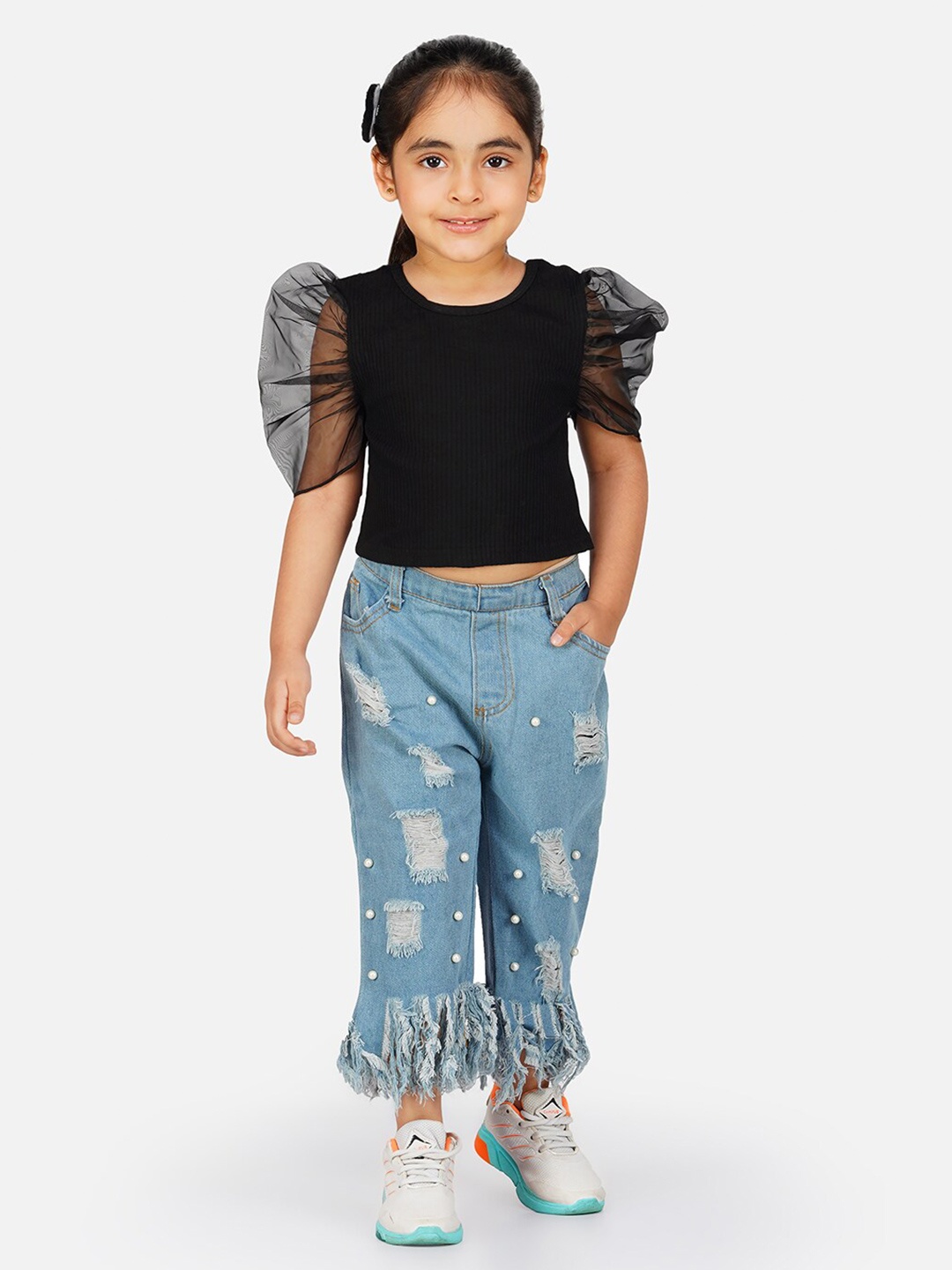 

HERE&NOW Girls Self Design Pure Cotton Crop Top With Trousers, Black