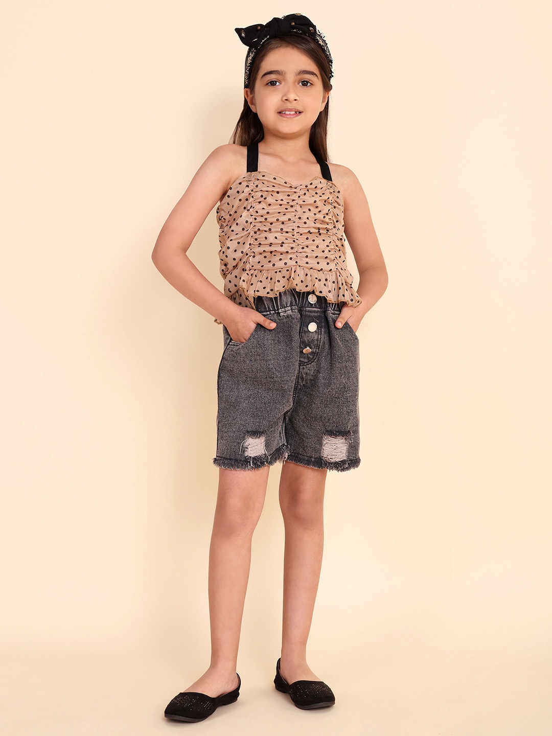 

HERE&NOW Girls Printed Top With Shorts, Brown