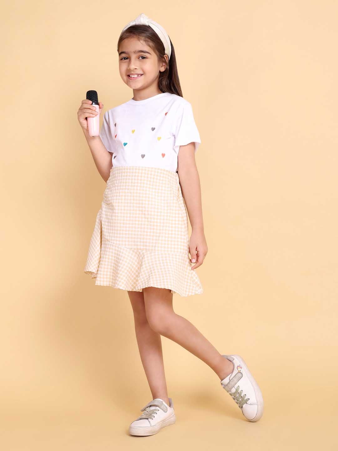 

HERE&NOW Girls Embroidered Pure Cotton Top With Skirt, Brown