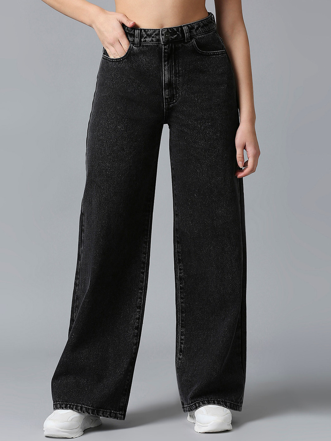 

The Roaster Lifestyle Co. Women Pure Cotton Clean Look Wide Leg Jeans, Black