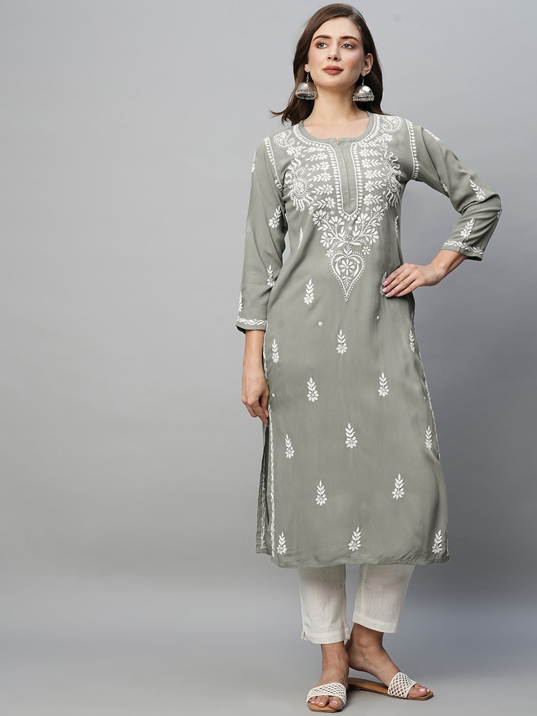 

ADA Ethnic Motifs Embroidered Round Neck Chikankari Straight Kurta, Grey