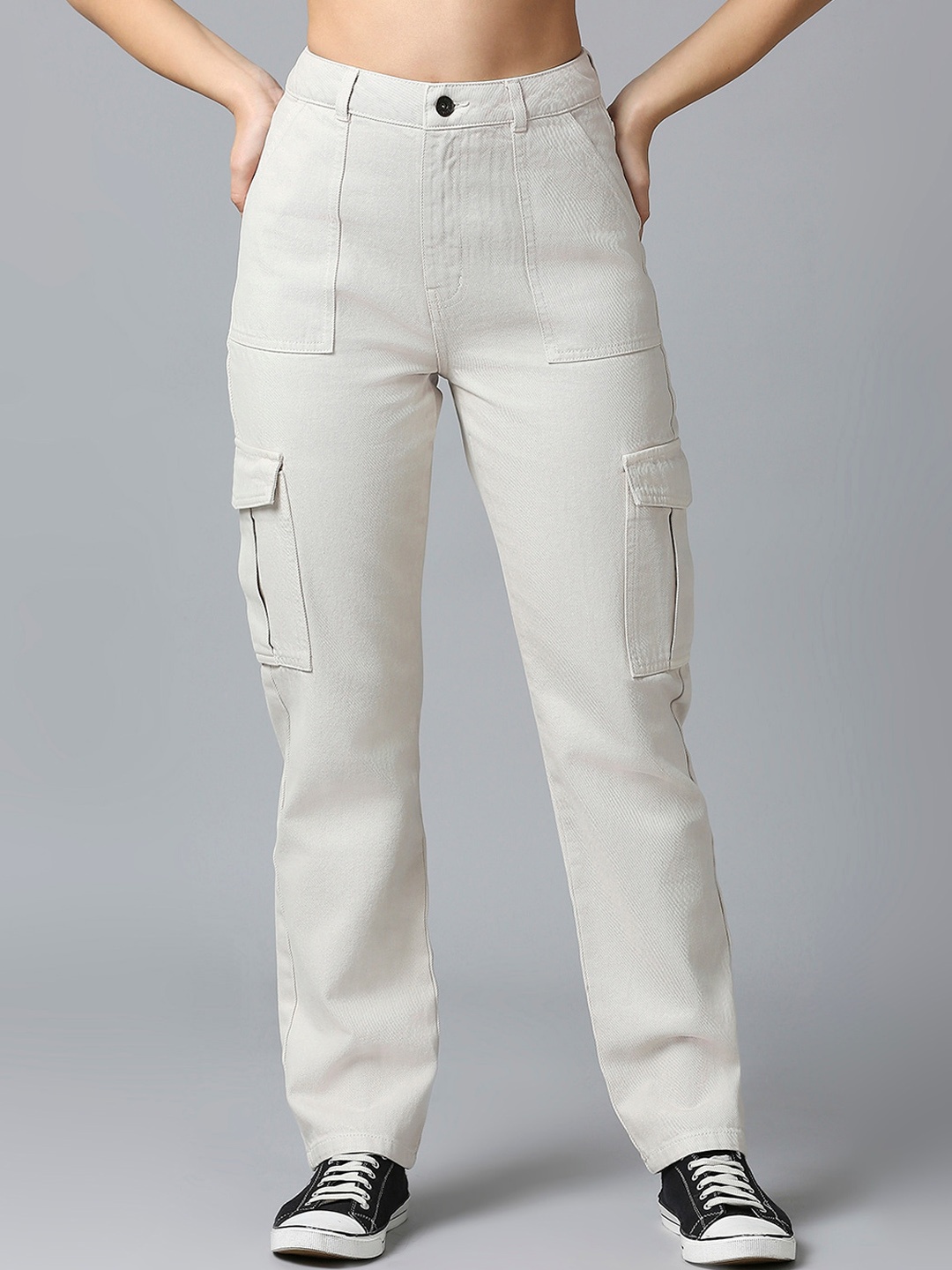 

The Roadster Lifestyle Co. Women Pure Cotton Clean Look Cargo Jeans, White