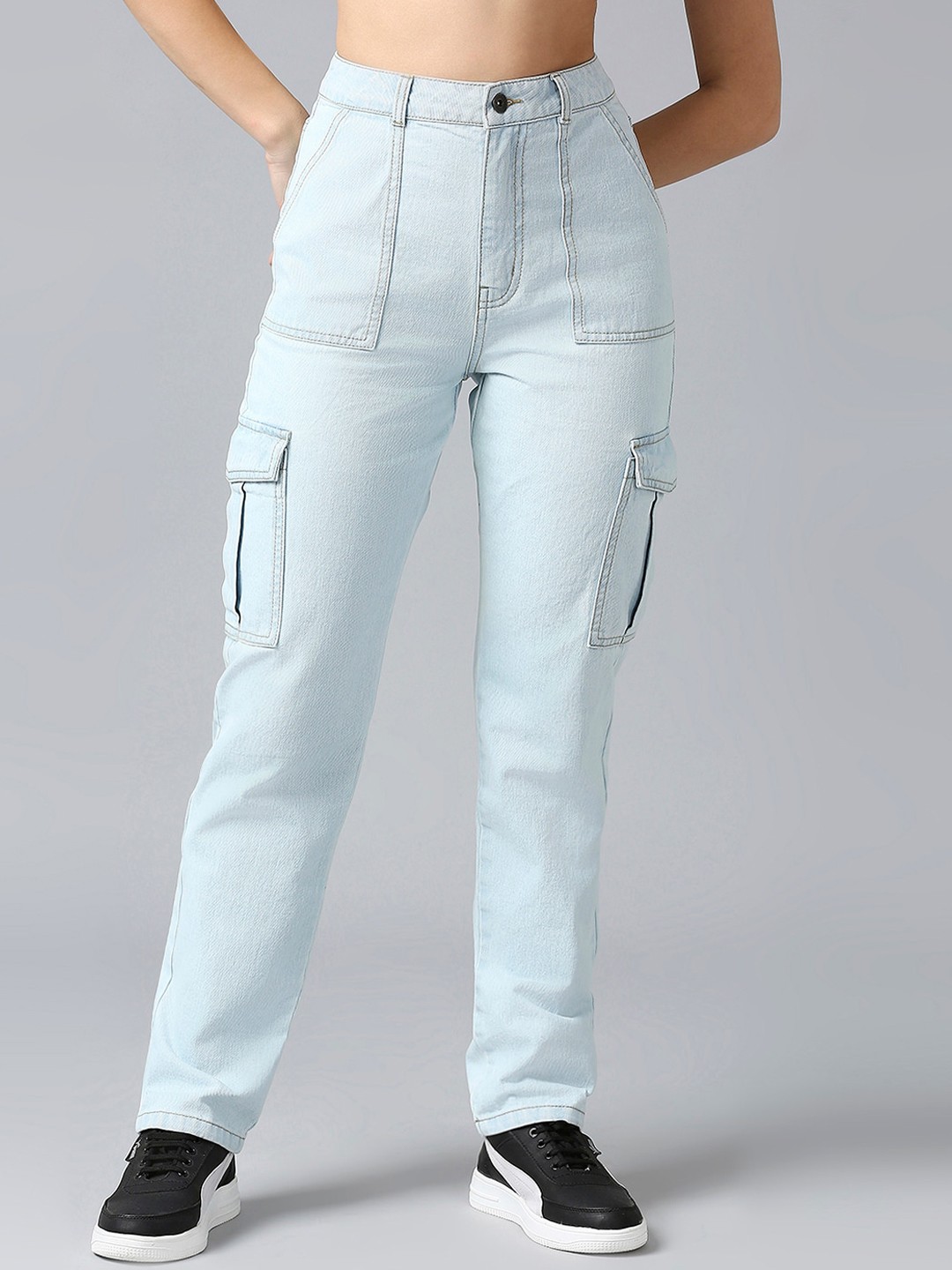

The Roadster Lifestyle Co. Women Pure Cotton Clean Look Cargo Jeans, Blue