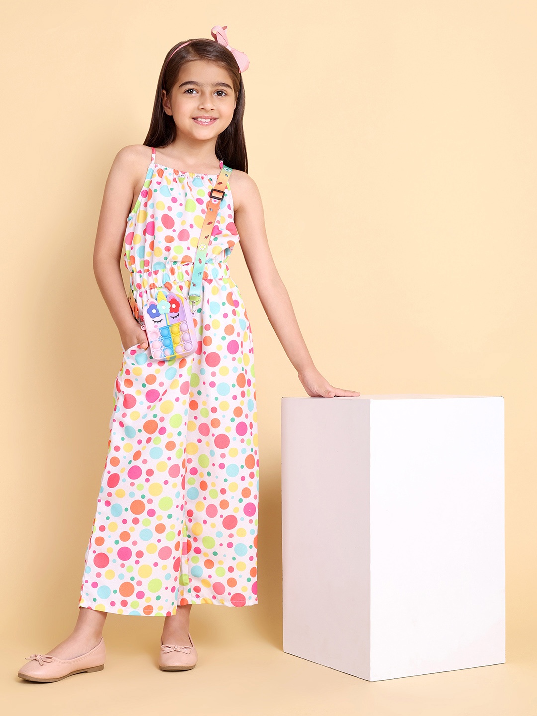 

HERE&NOW Girls Geometric Printed Shoulder Straps Basic Jumpsuit, White