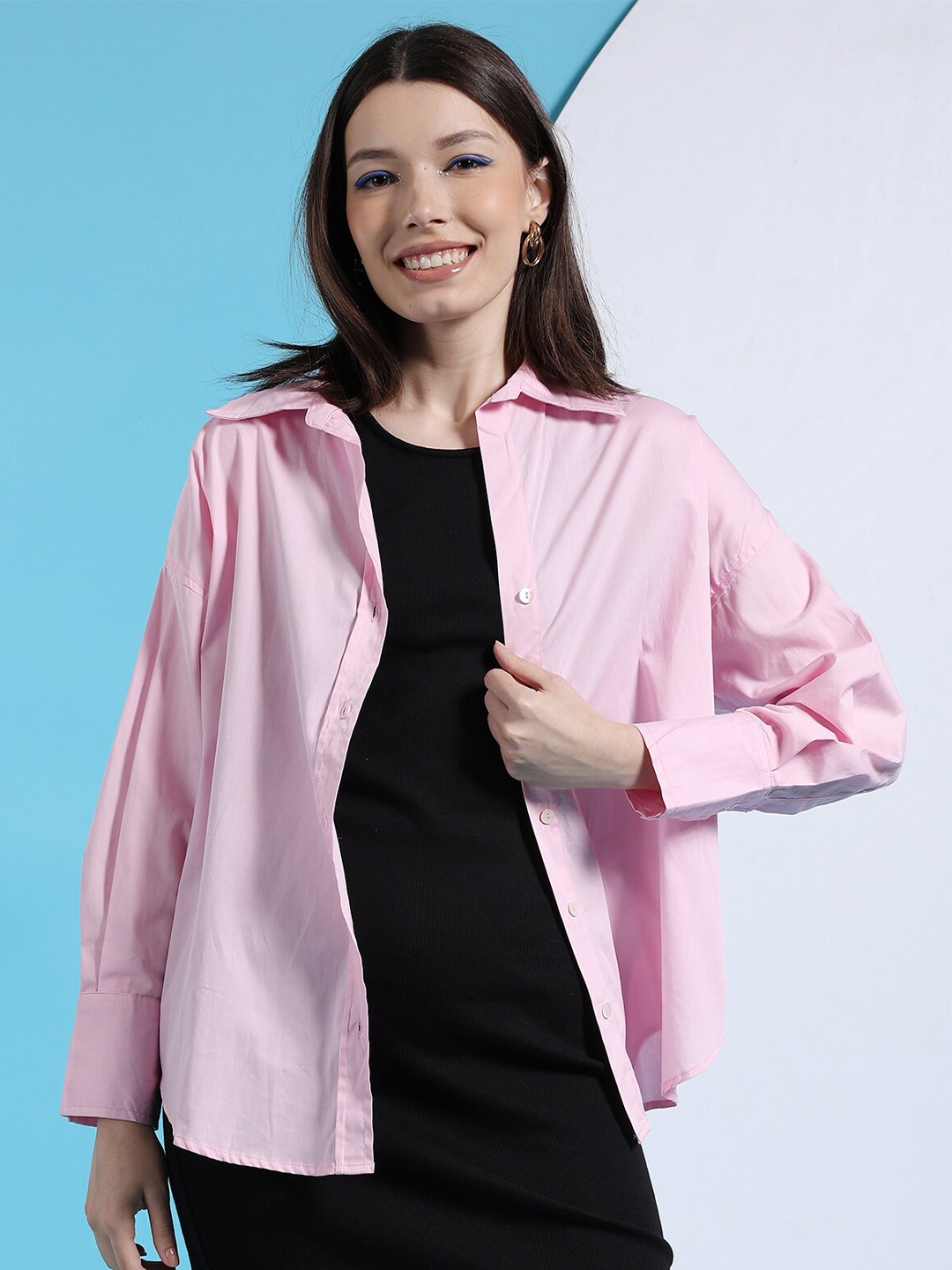 

Freehand by The Indian Garage Co Oversized Drop-Shoulder Sleeves Cotton Casual Shirt, Pink