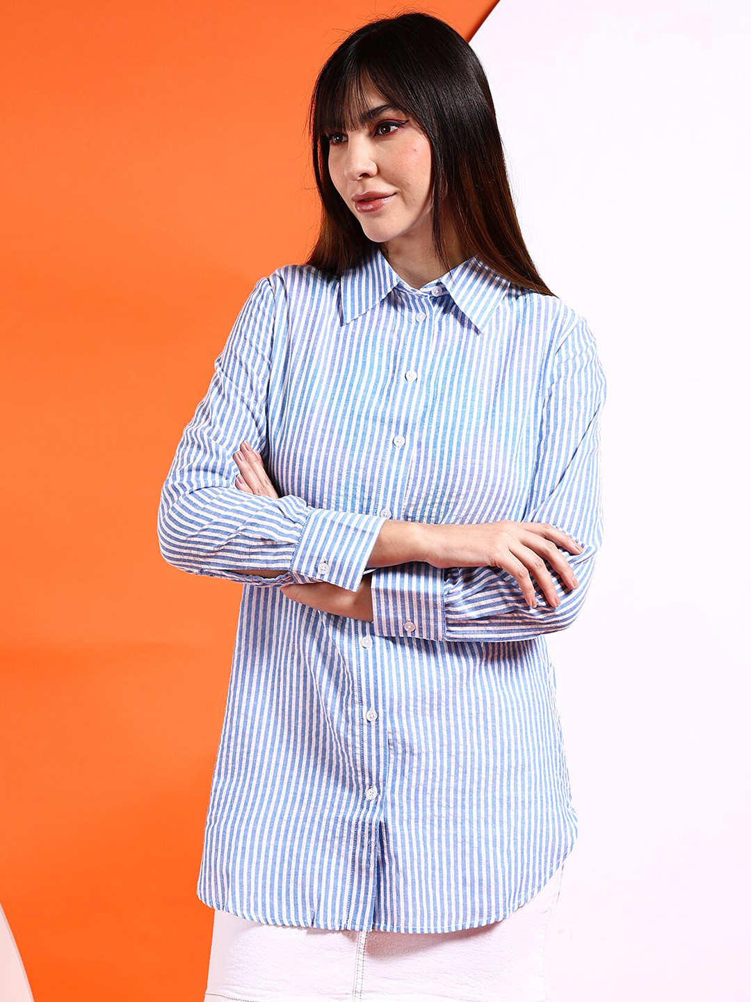 

Freehand by The Indian Garage Co Oversized Vertical Stripes Cotton Casual Shirt, Blue