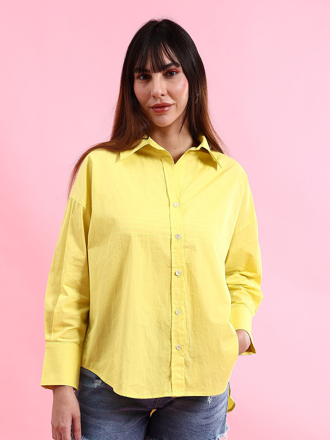 

Freehand by The Indian Garage Co Spread Collar Oversized Cotton Casual Shirt, Yellow