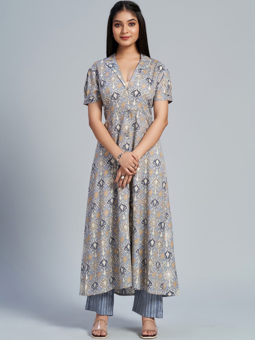 

HOUSE OF MIRA Ethnic Motifs Printed A-Line Kurta With Trousers, Grey