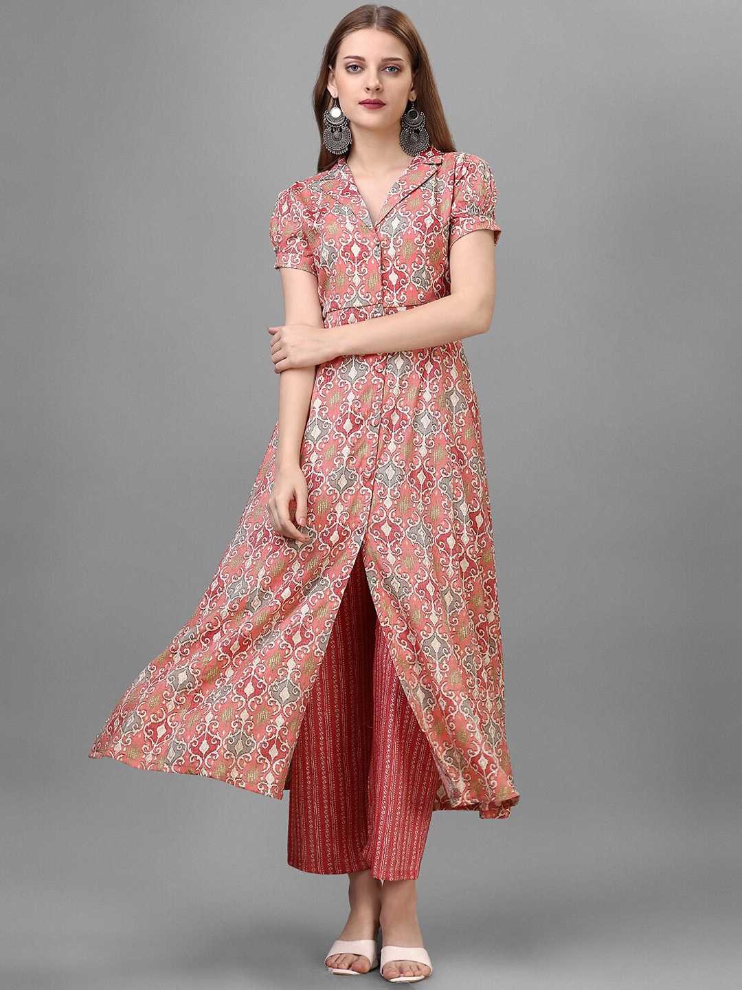 

HOUSE OF MIRA Ethnic Motifs Printed A-Line Kurta With Trousers, Pink