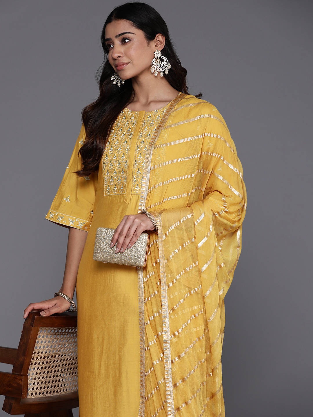 

Libas Women Floral Yoke Design Regular Kurta with Trousers & With Dupatta, Mustard