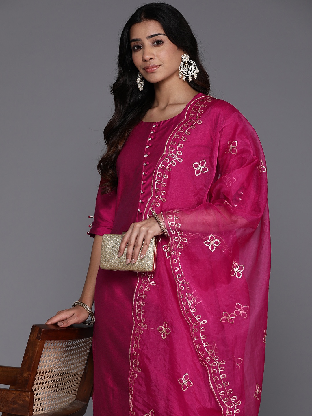 

Libas Women Regular Sequinned Kurta with Trousers & With Dupatta, Magenta