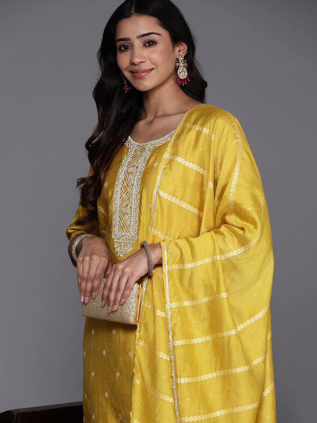 

Libas Women Floral Embroidered Regular Sequinned Kurta with Trousers & With Dupatta, Yellow
