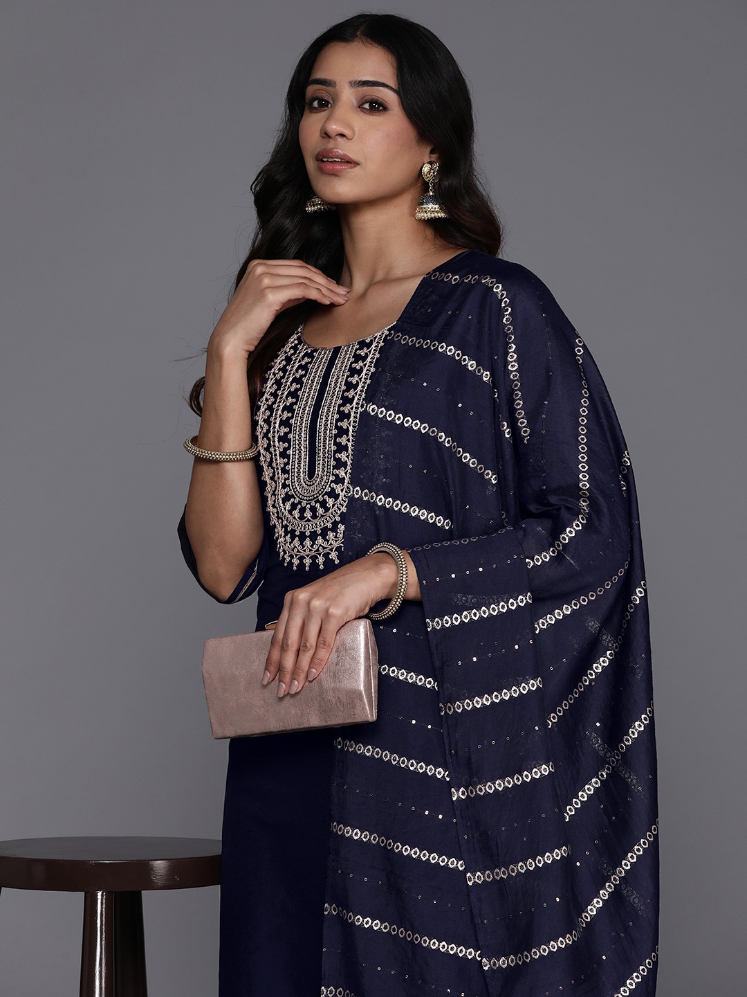 

Libas Women Floral Yoke Design Regular Kurta with Trousers & With Dupatta, Blue