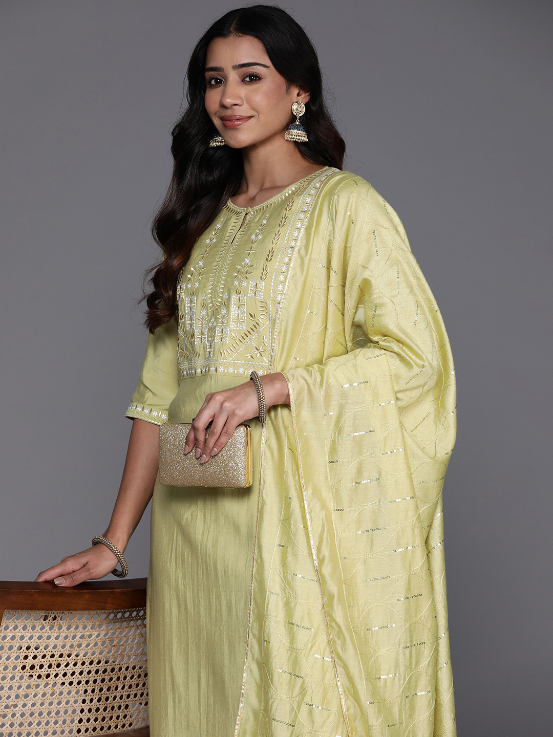 

Libas Women Floral Yoke Design Regular Kurta with Trousers & Dupatta, Lime green