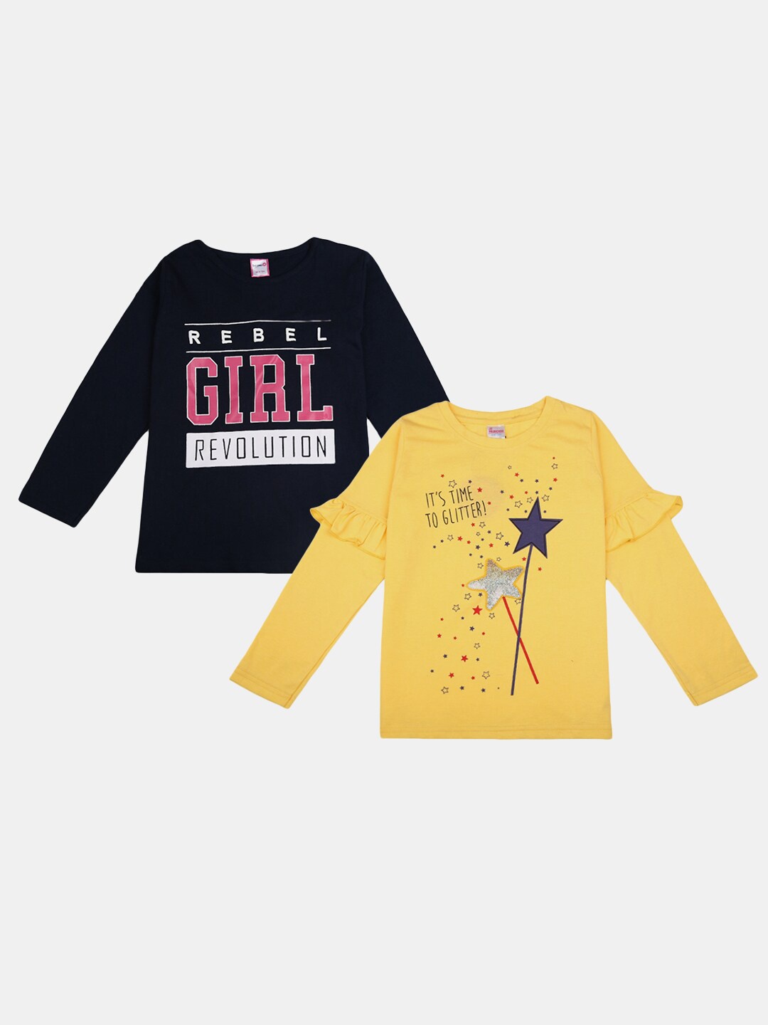 

V-Mart Girls Pack Of 2 Printed Cotton T-shirts, Yellow