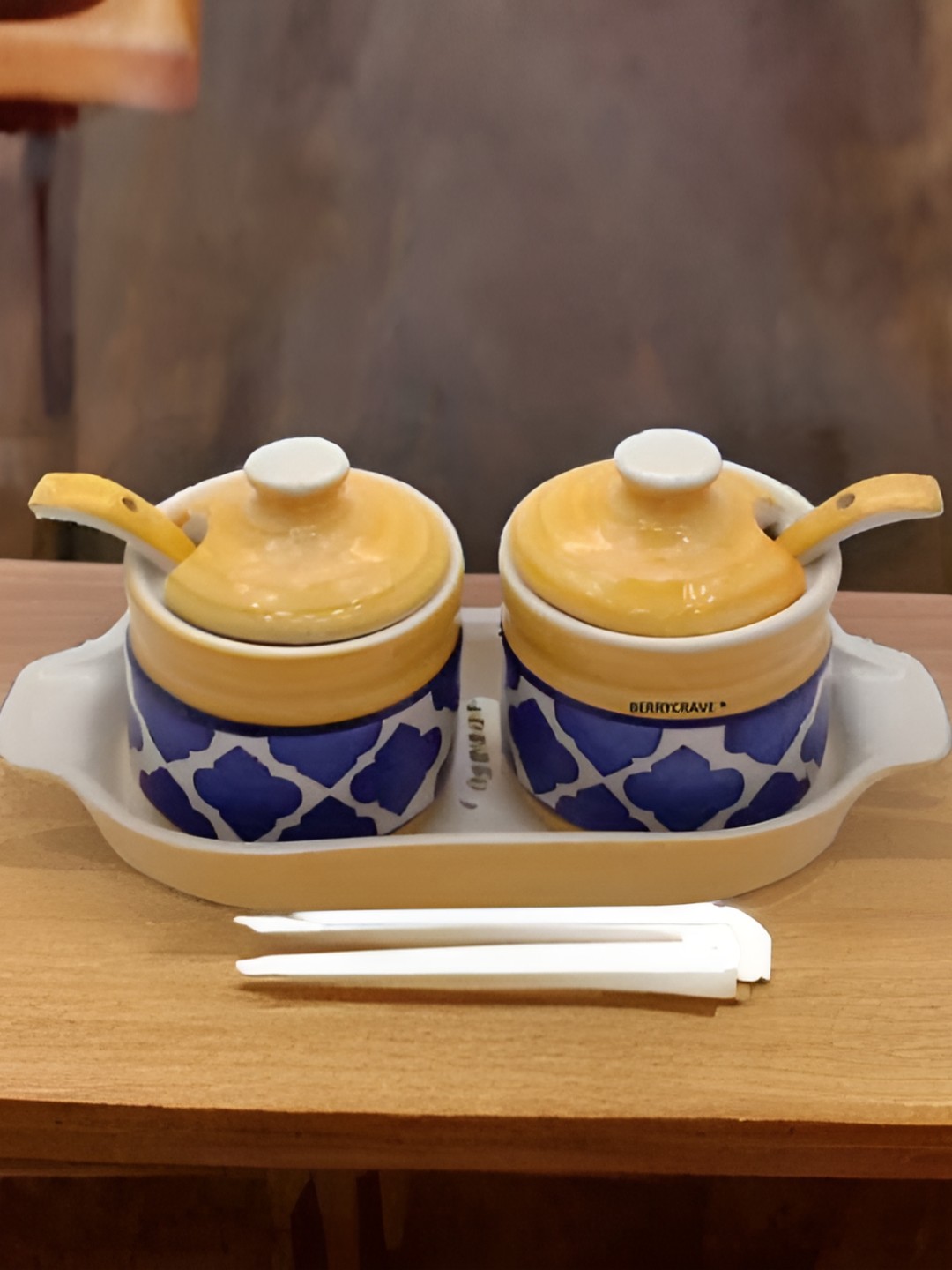 

caffeine Blue & Yellow 2 Pieces Ceramic Dishwasher Safe Umrao Pickle Jars