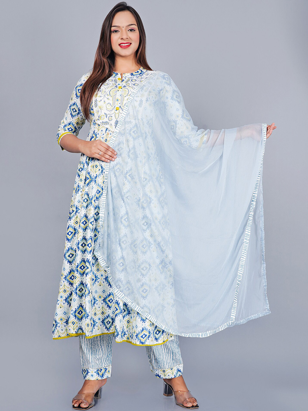 

KALINI Ethnic Motif Printed Thread Work Pure Cotton A-Line Kurta & Trousers With Dupatta, Off white