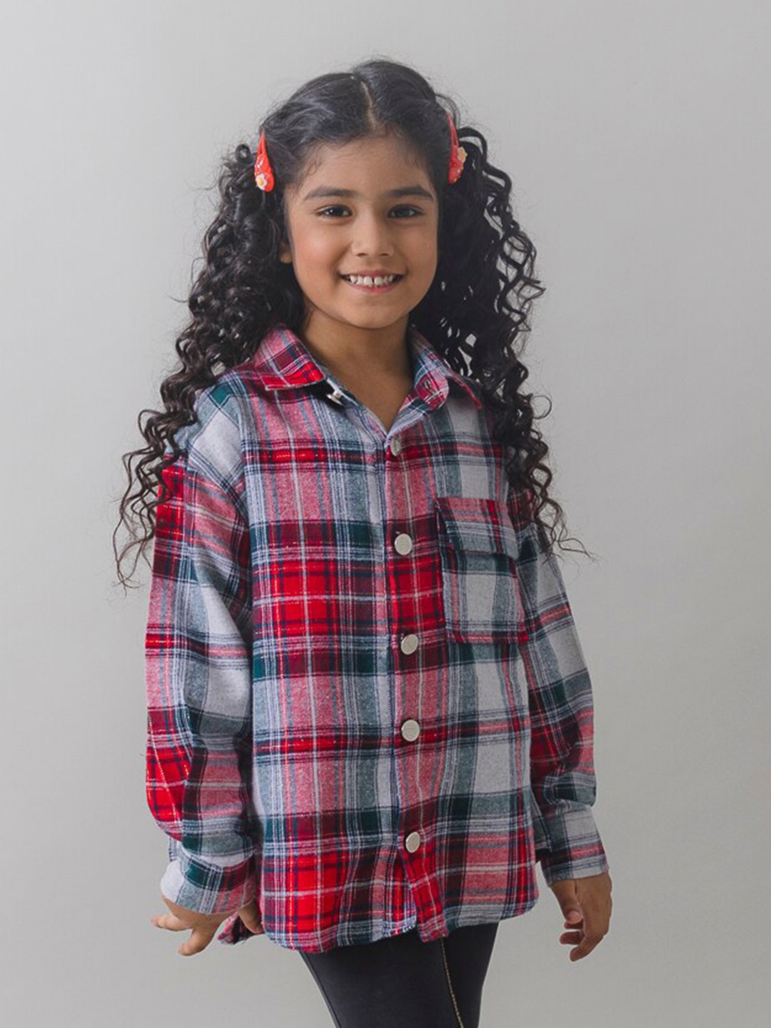 

Fairies Forever Tartan Checked Cotton Shacket, Red