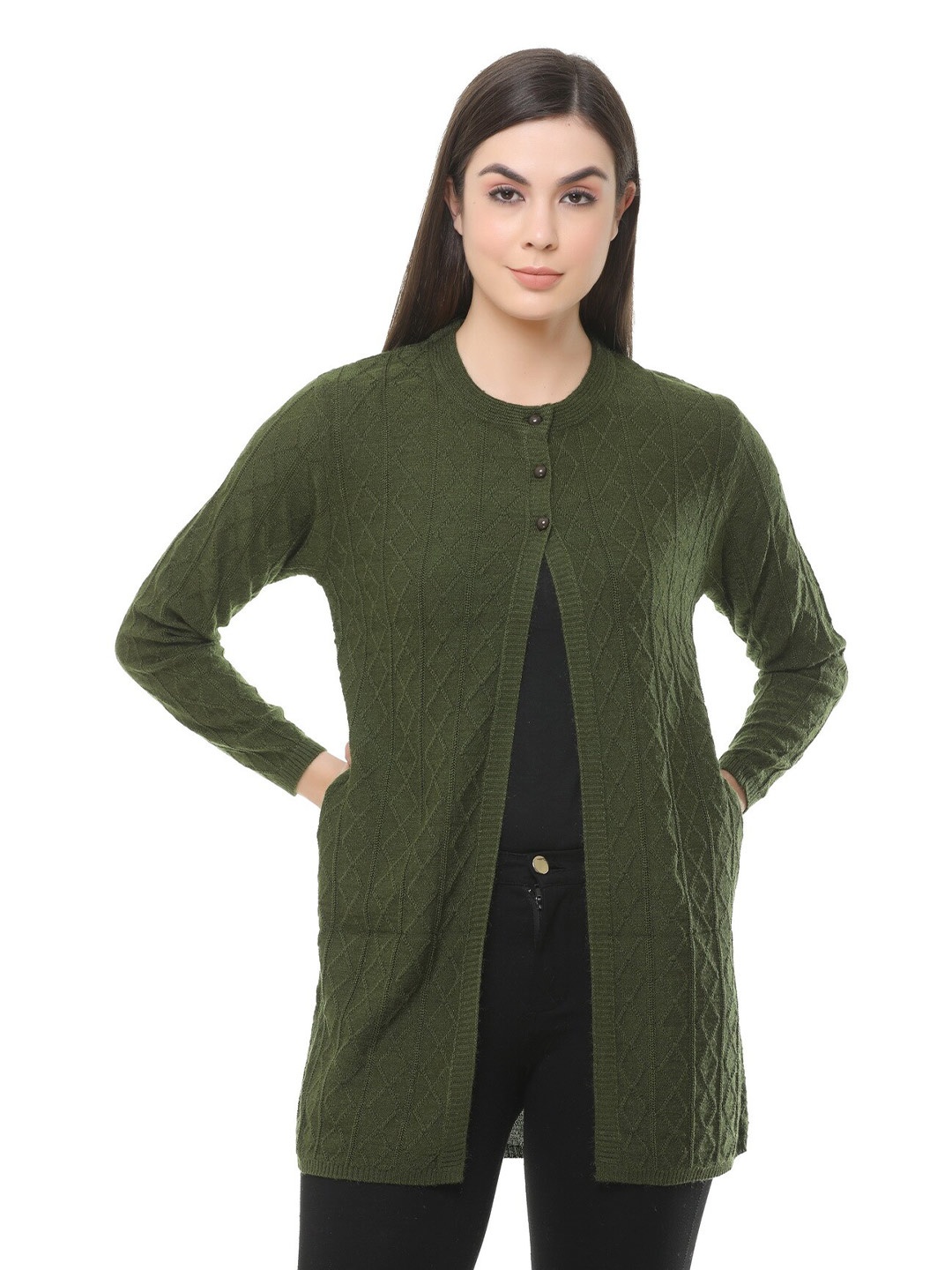 

Chemistry Longline Button Shrug, Olive