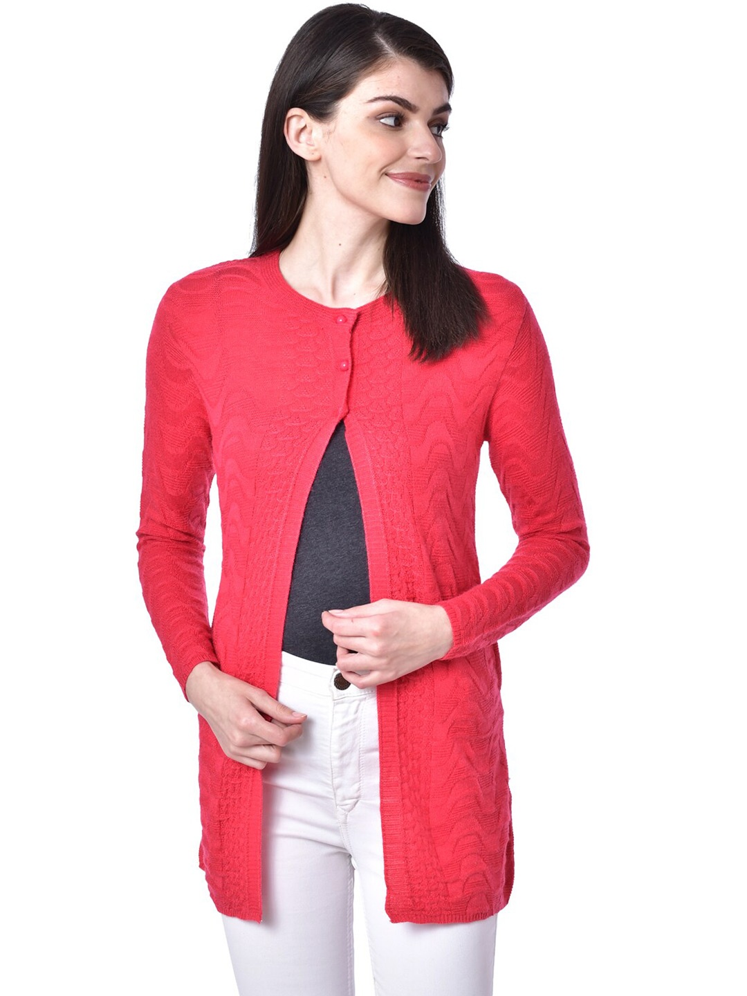 

Chemistry Abstract Self Design Woollen Longline Cardigan, Red