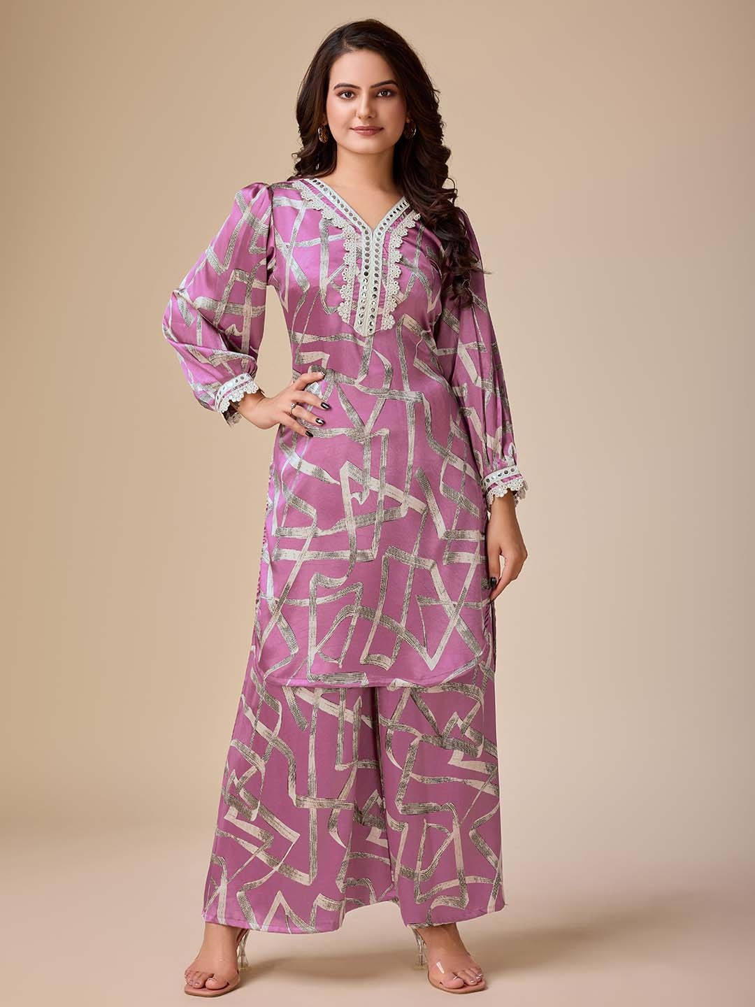 

HOUSE OF MIRA Geometric Printed Straight Satin Kurta With Palazzo, Pink