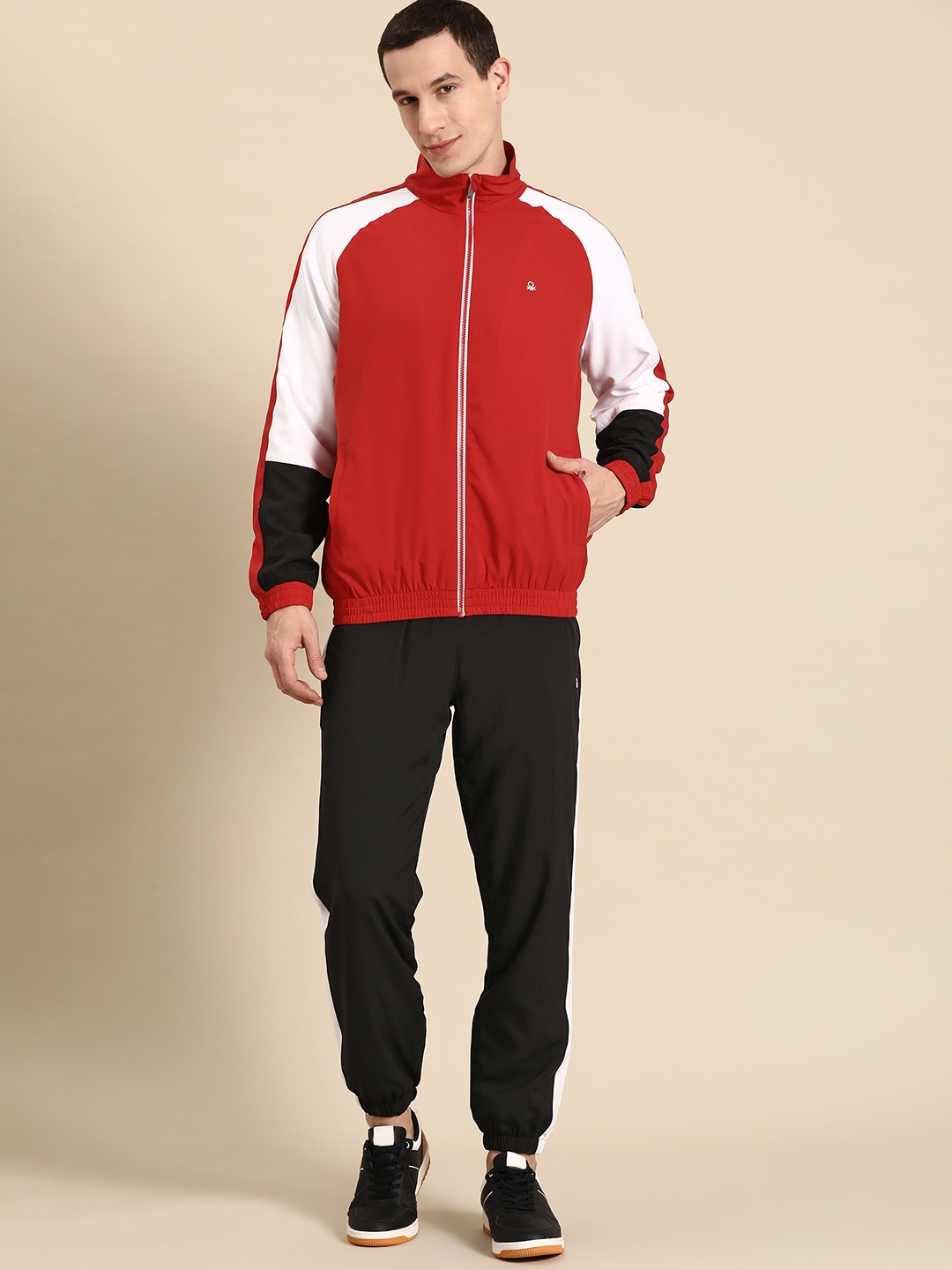 

United Colors of Benetton Colourblocked Raglan Sleeves Mock Neck Front Zipper Tracksuit, Red