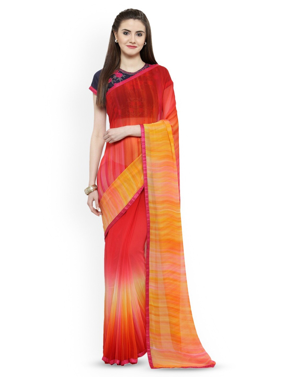 

KALINI Red & Orange Poly Georgette Saree, Yellow