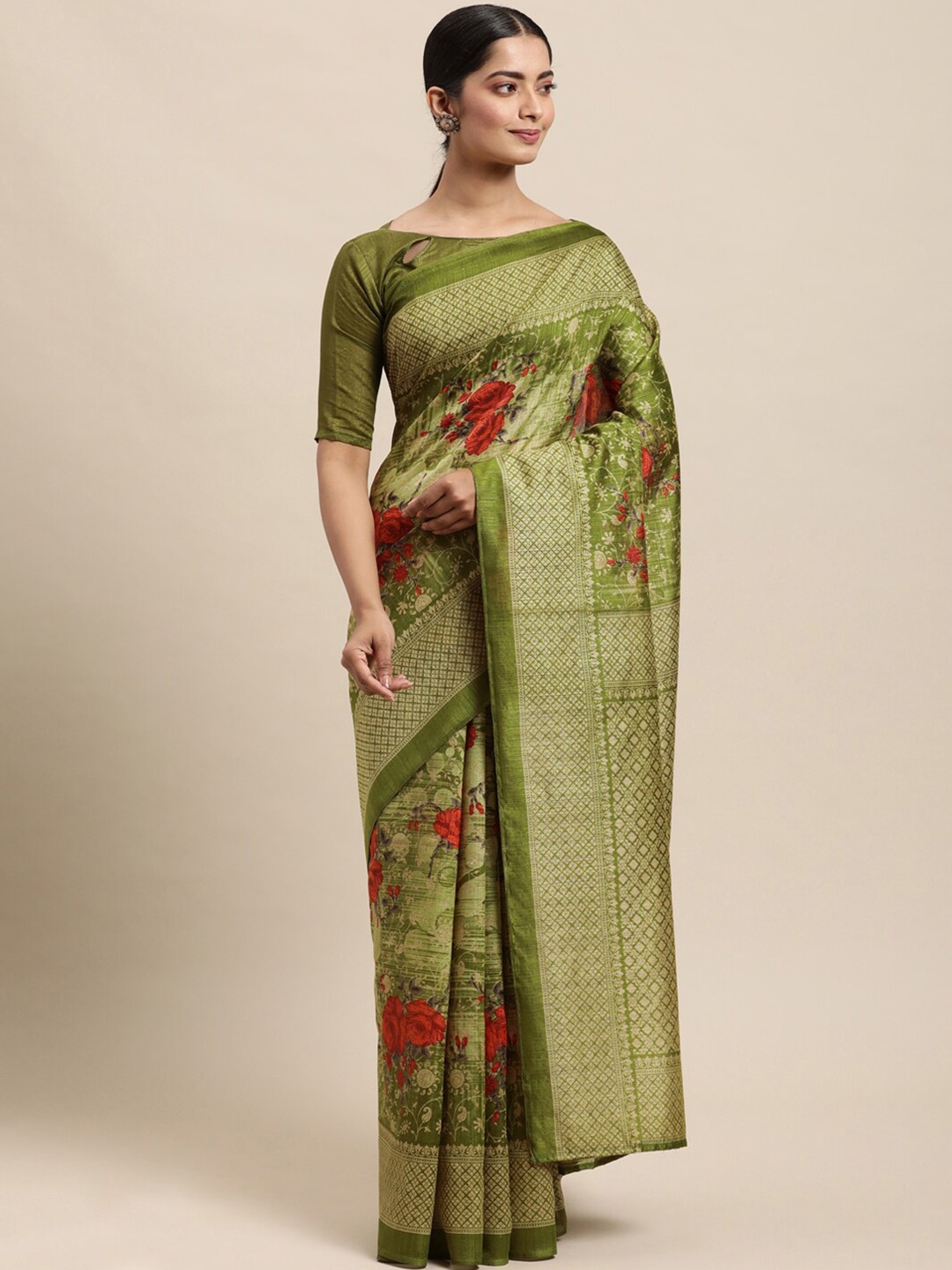 

KALINI Floral Printed Mysore Silk Saree, Orange