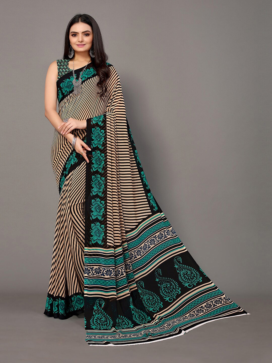 

KALINI Striped Poly Georgette Saree, Beige