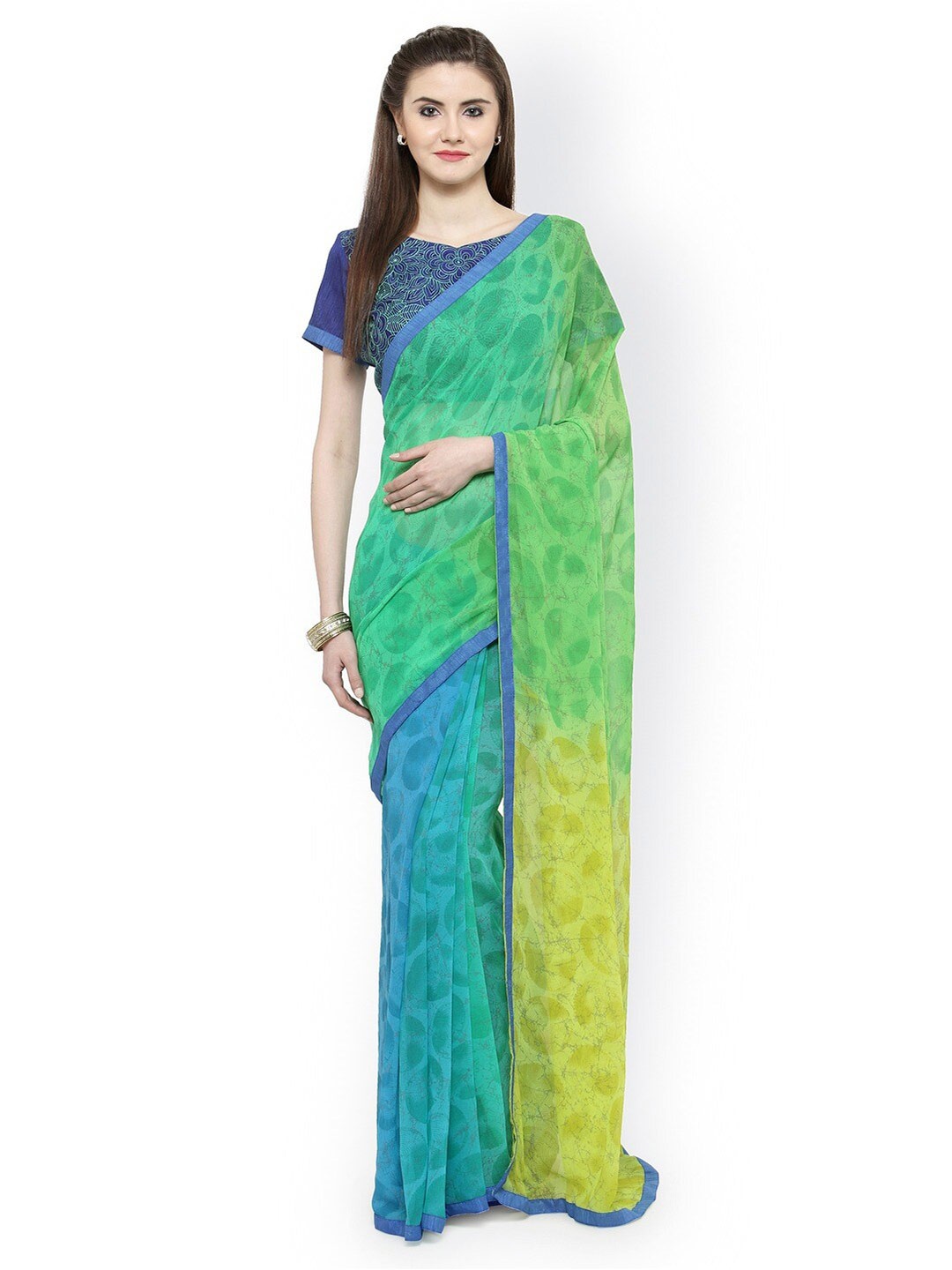 

KALINI Green 7 Blue Poly Georgette Saree, Yellow