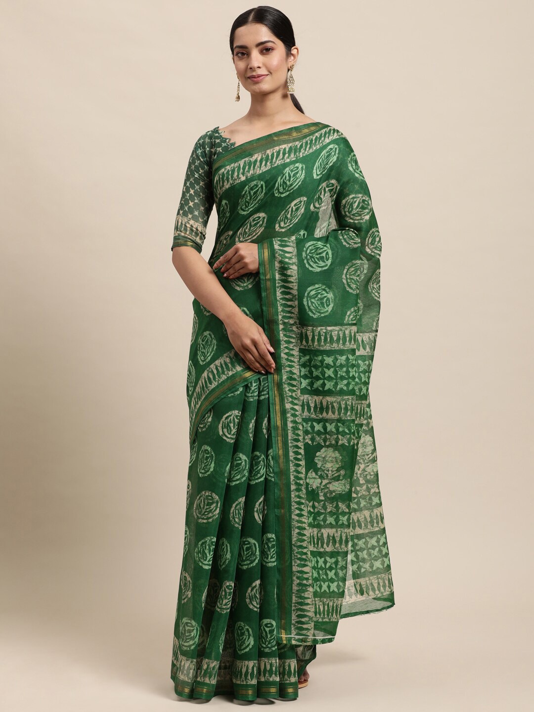 

KALINI Green Floral Cotton Blend Saree