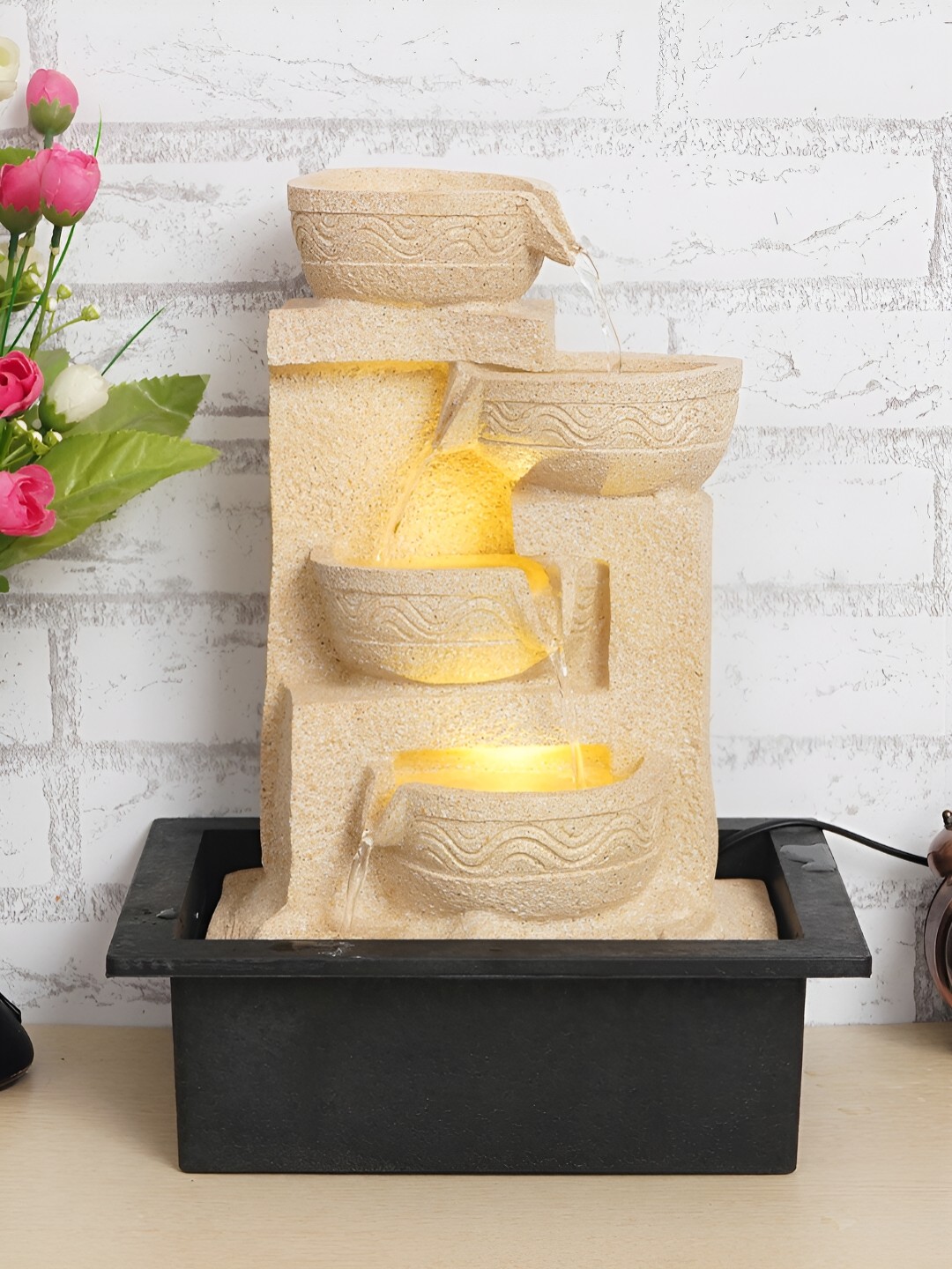 

CHRONIKLE Cream & Black 4-Step Diya Water Fountain With LED Light
