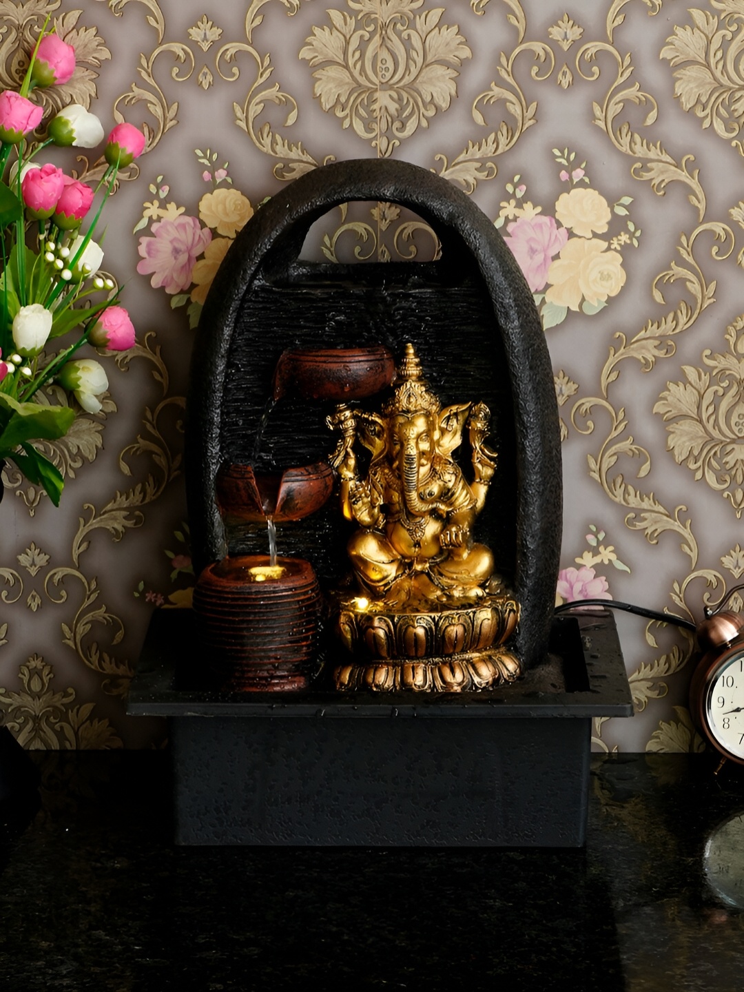 

CHRONIKLE Brown & Black Lord Ganesh Idol 2-Step Diya Water Fountain With LED Light