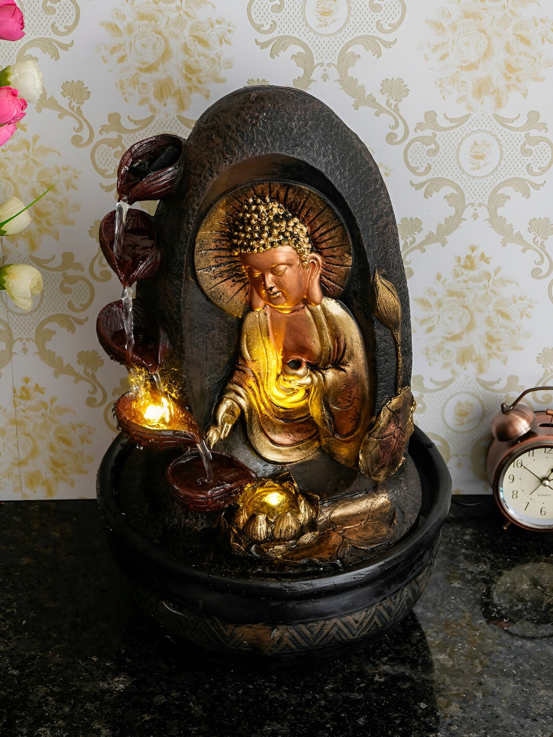 

CHRONIKLE Brown & Black 5-Step Diya & Buddha Idol Water Fountain With LED Light