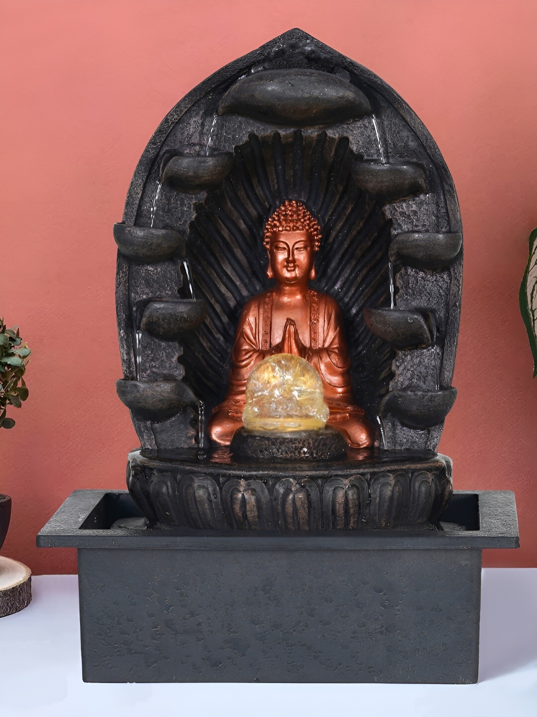 

CHRONIKLE Brown & Black Buddha Idol Diya Water Fountain With LED Crystal Ball