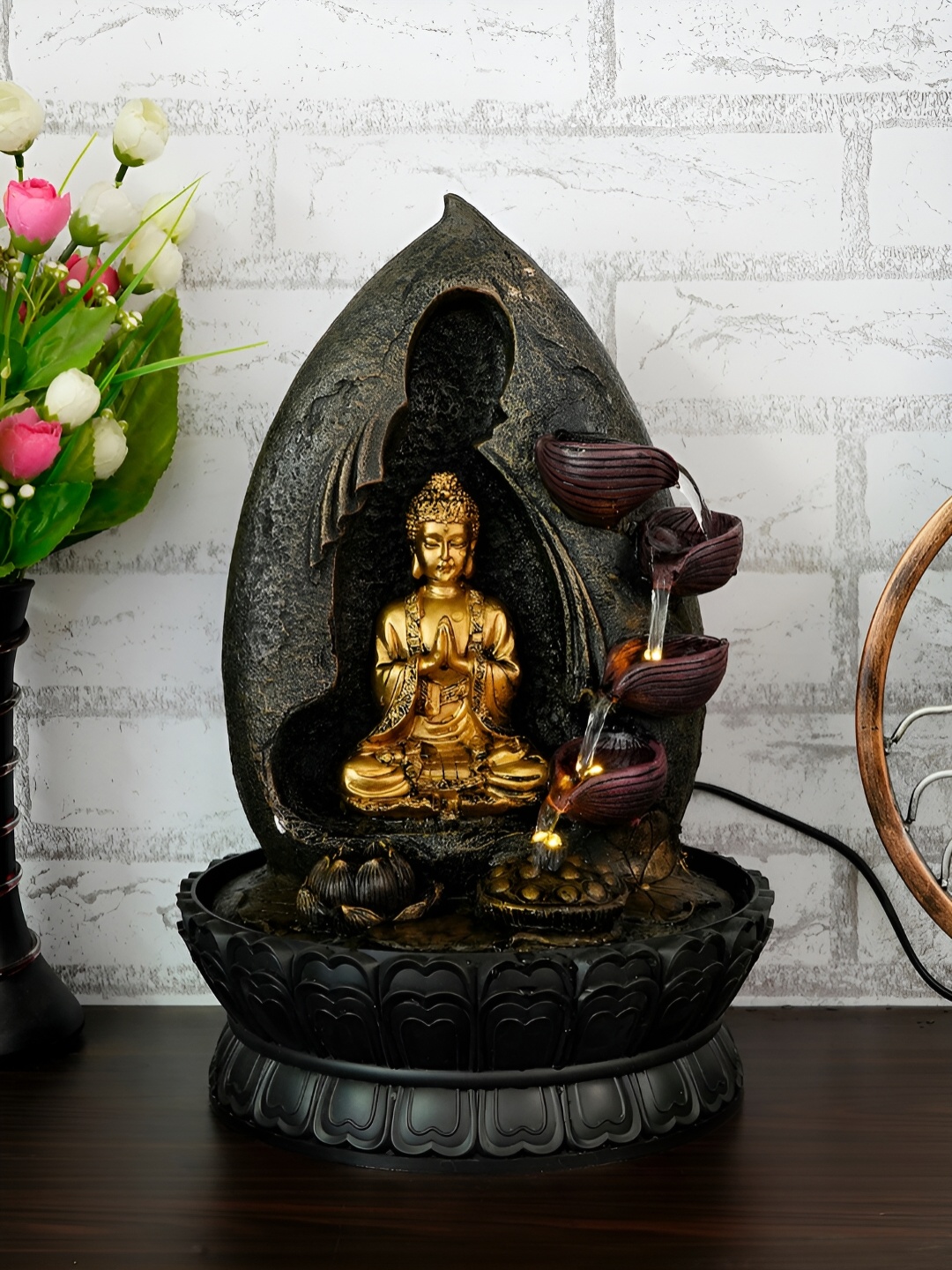 

CHRONIKLE Brown & Black Buddha Idol & 4-Step Diya Water Fountain With LED Light