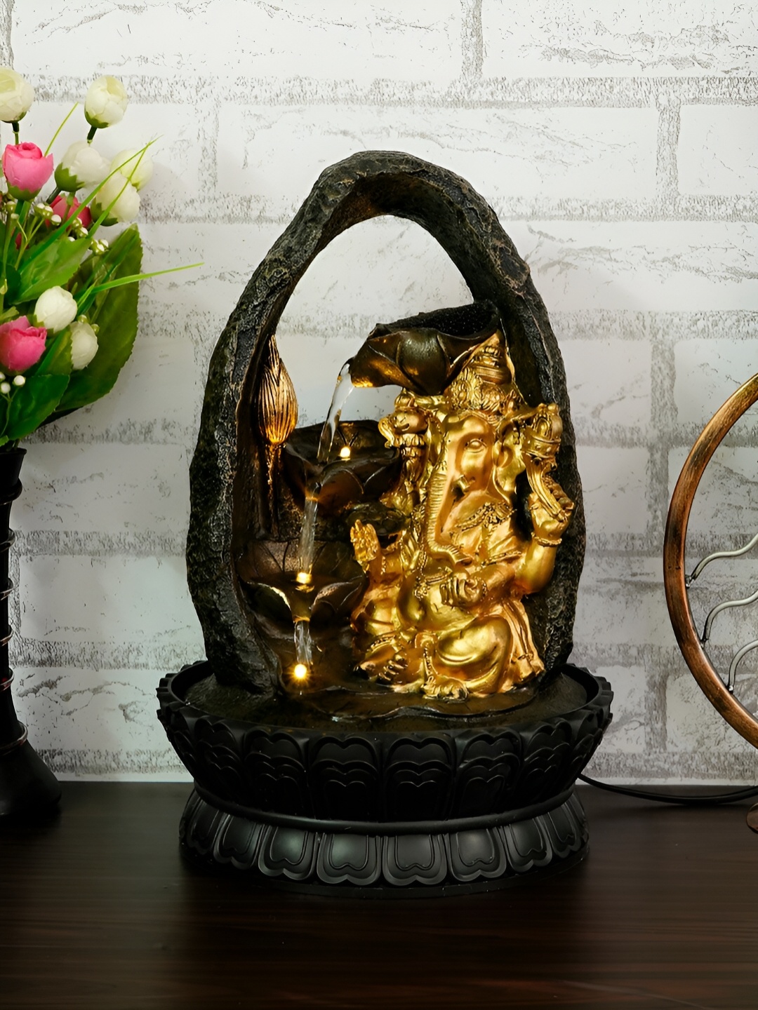 

CHRONIKLE Brown Lord Ganesh Idol 3-Step Diya Water Fountain With LED Light