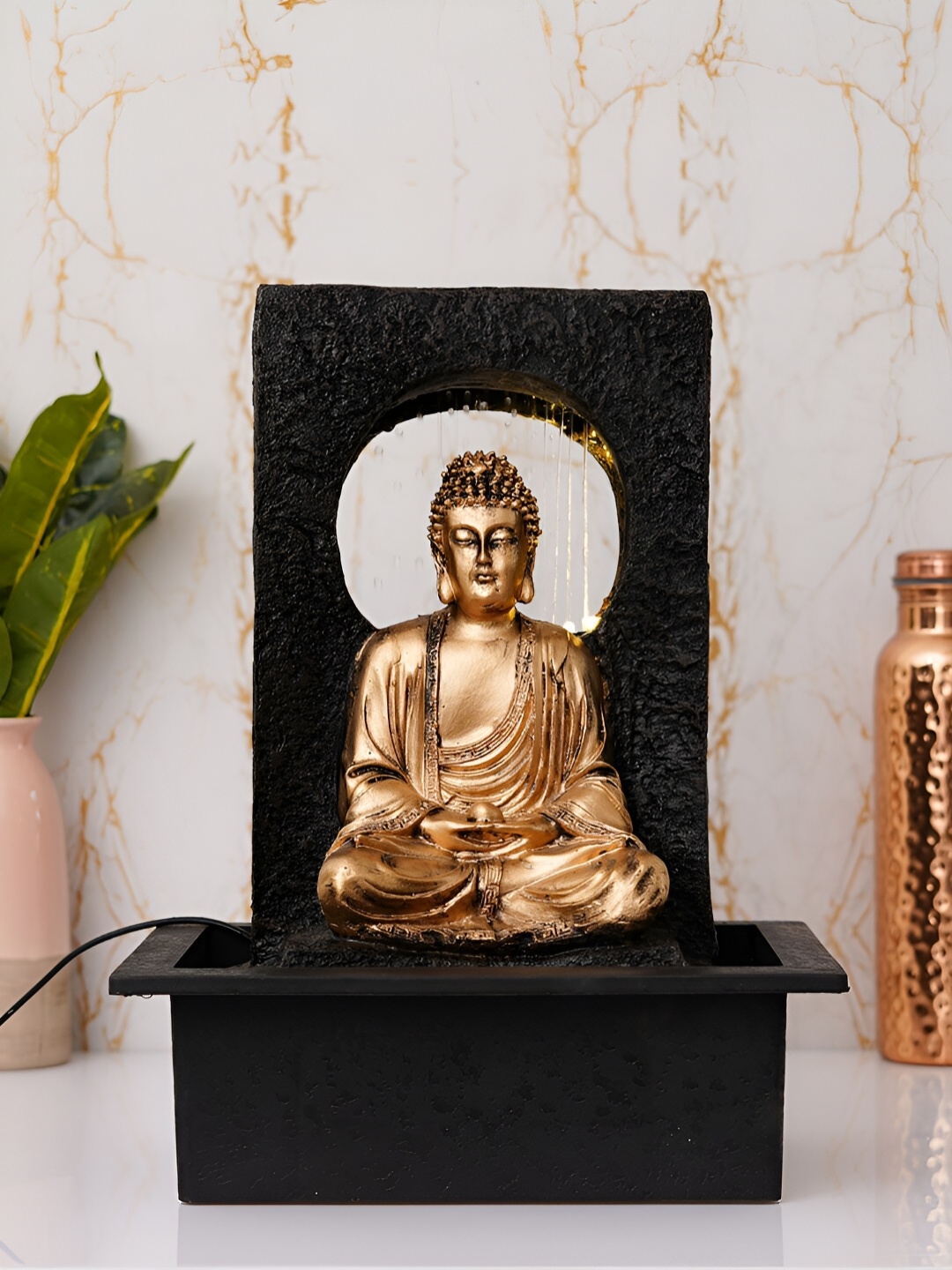 

CHRONIKLE Brown & Gold-Toned Buddha Idol Water Fountain With LED Light, Black