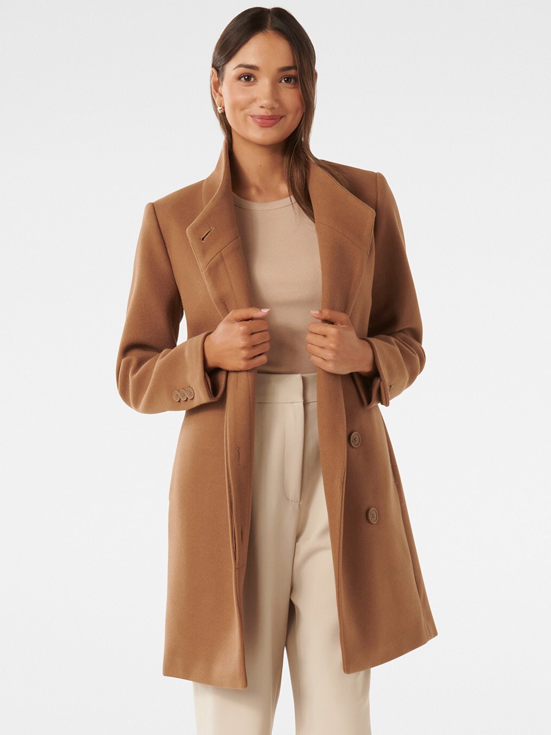 

Forever New Double-Breasted Funnel Collar Longline Overcoat, Brown