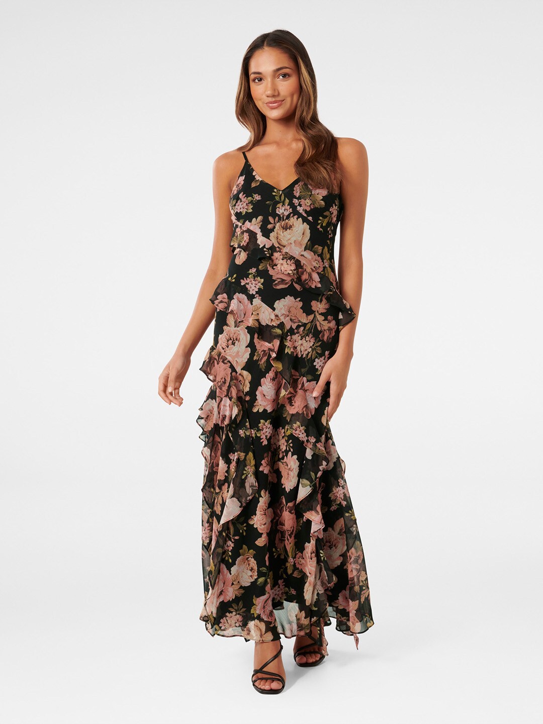 

Forever New Floral Printed Ruffled Shoulder Straps Maxi Dress, Black