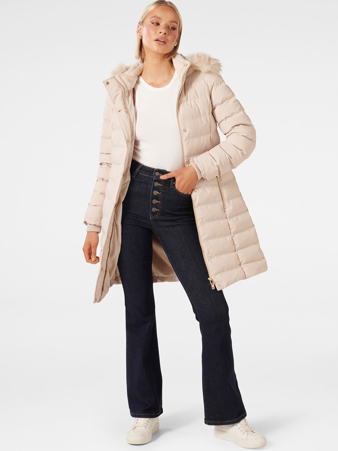 

Forever New Faux Fur Trim Detailed Hooded Longline Puffer Jacket, Cream