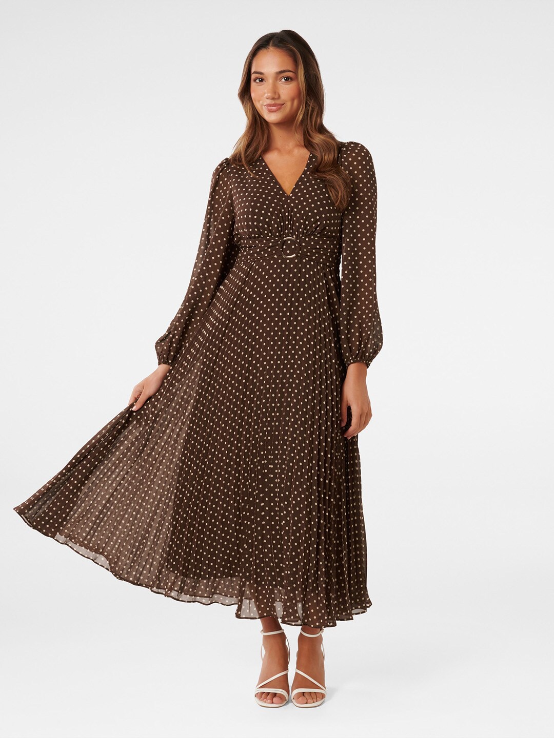 

Forever New Polka Dot Printed V-Neck Puff Sleeves Fit & Flare Midi Dress, Black