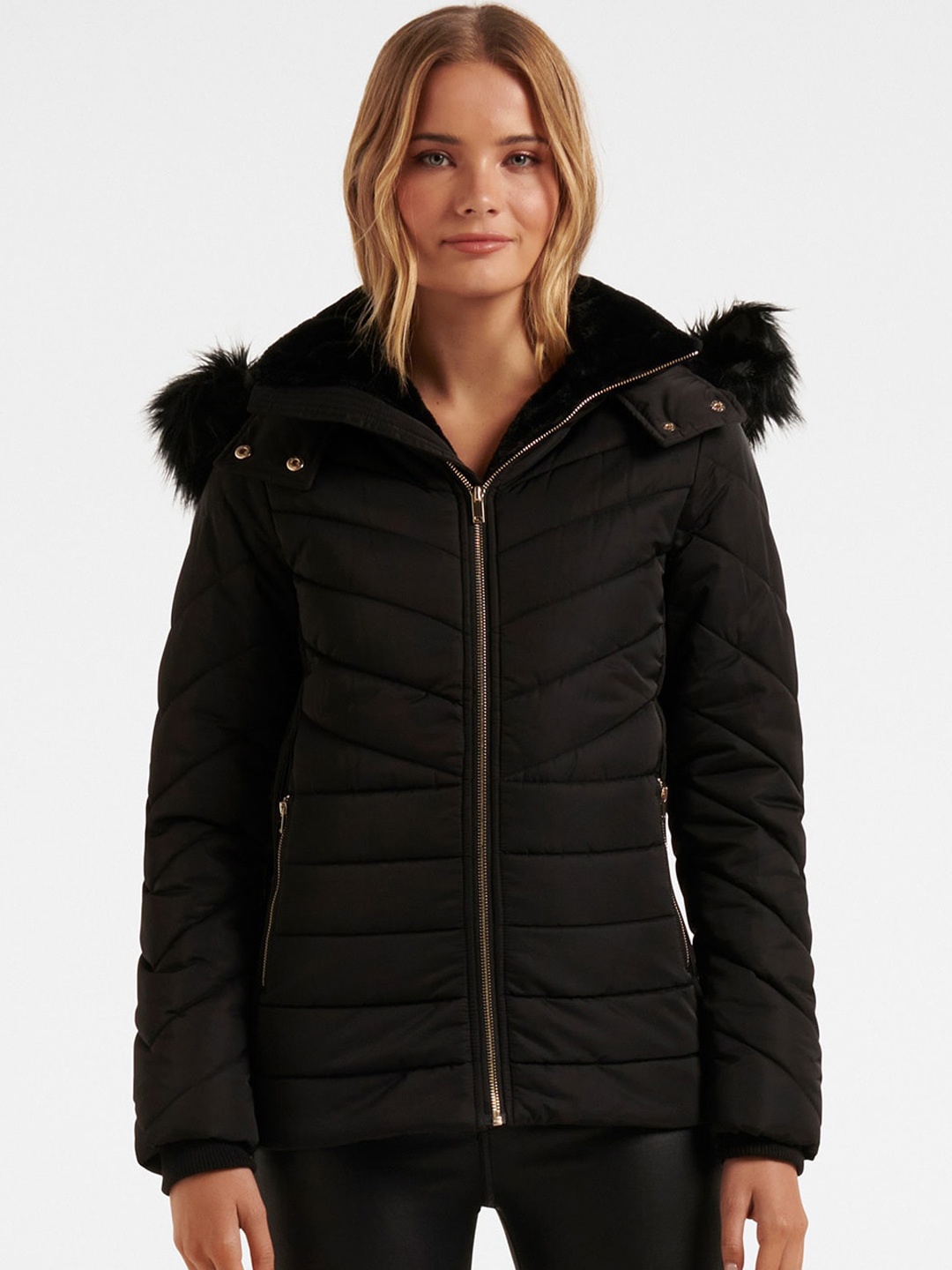 

Forever New Faux Fur Trim Detailed Hooded Puffer Jacket, Black