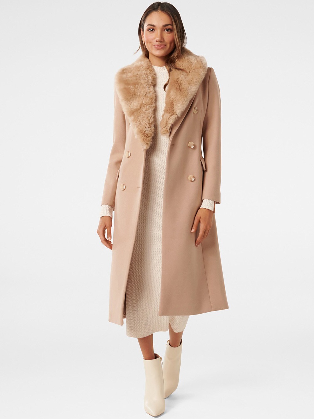 

Forever New Faux Fur Lapel Collar Double Breasted Longline Overcoat, Beige