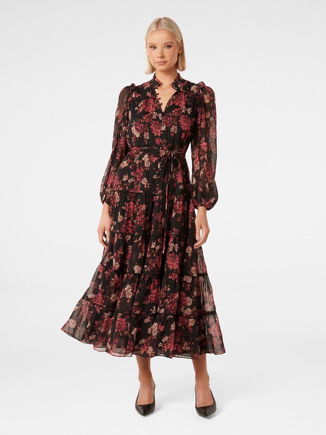 

Forever New Floral Printed Ruffled Waist Tie-Ups Tiered Fit and Flare Midi Dress, Black