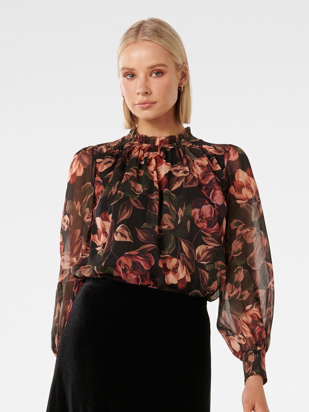 

Forever New Floral Printed High Neck Cuffed Sleeves Blouson Top, Black